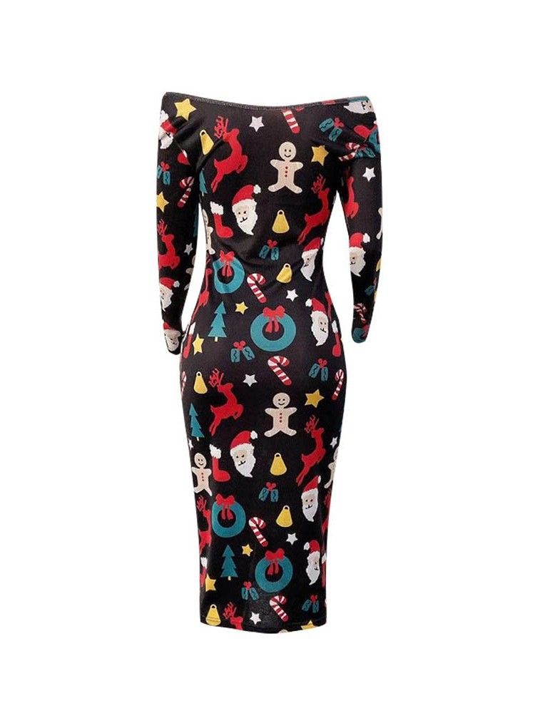 Vestido Feminino Com Estampa De Manga Comprida Meia Canela E Ombro Frio