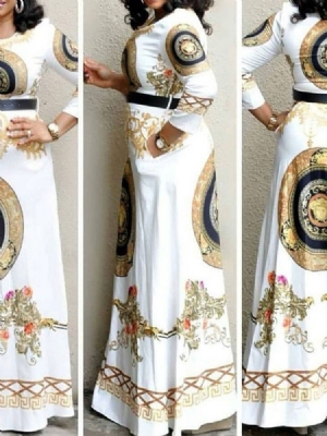 Vestido Feminino Com Estampa De Manga Três Quartos Em Volta Do Pescoço Geométrico De Cintura Alta