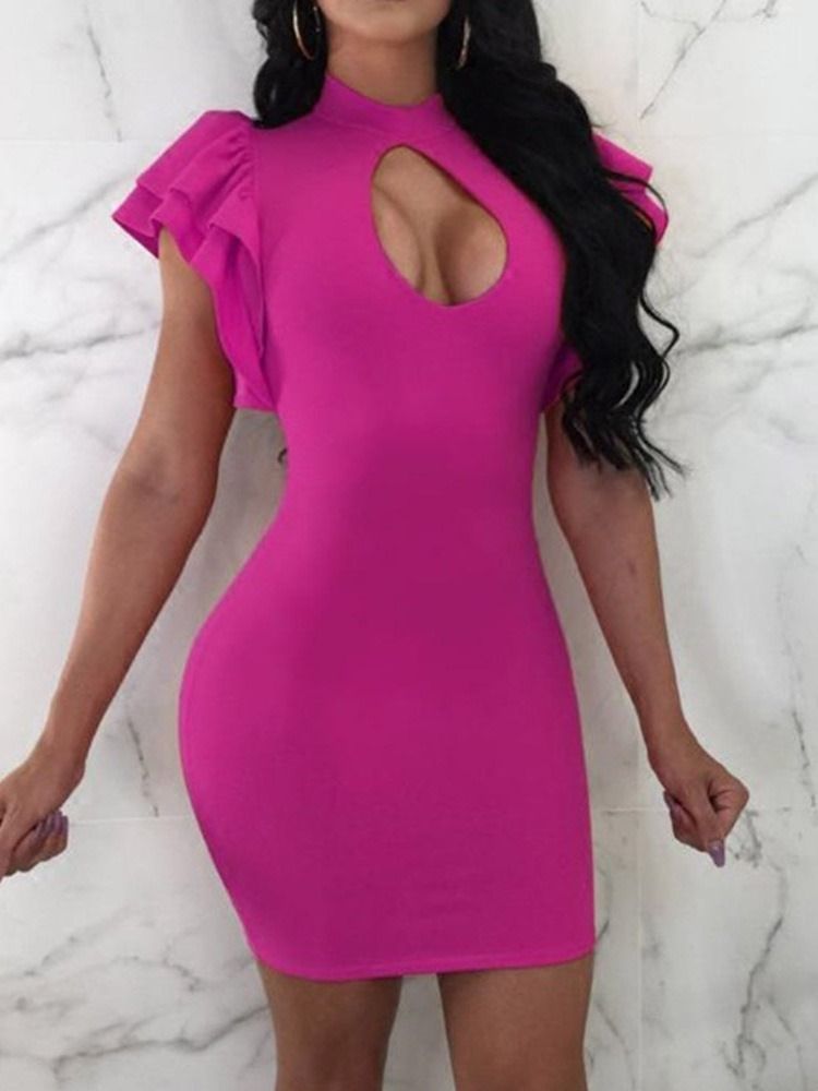 Vestido Feminino Com Gola Acima Do Joelho Manga Curta Lisa Bodycon