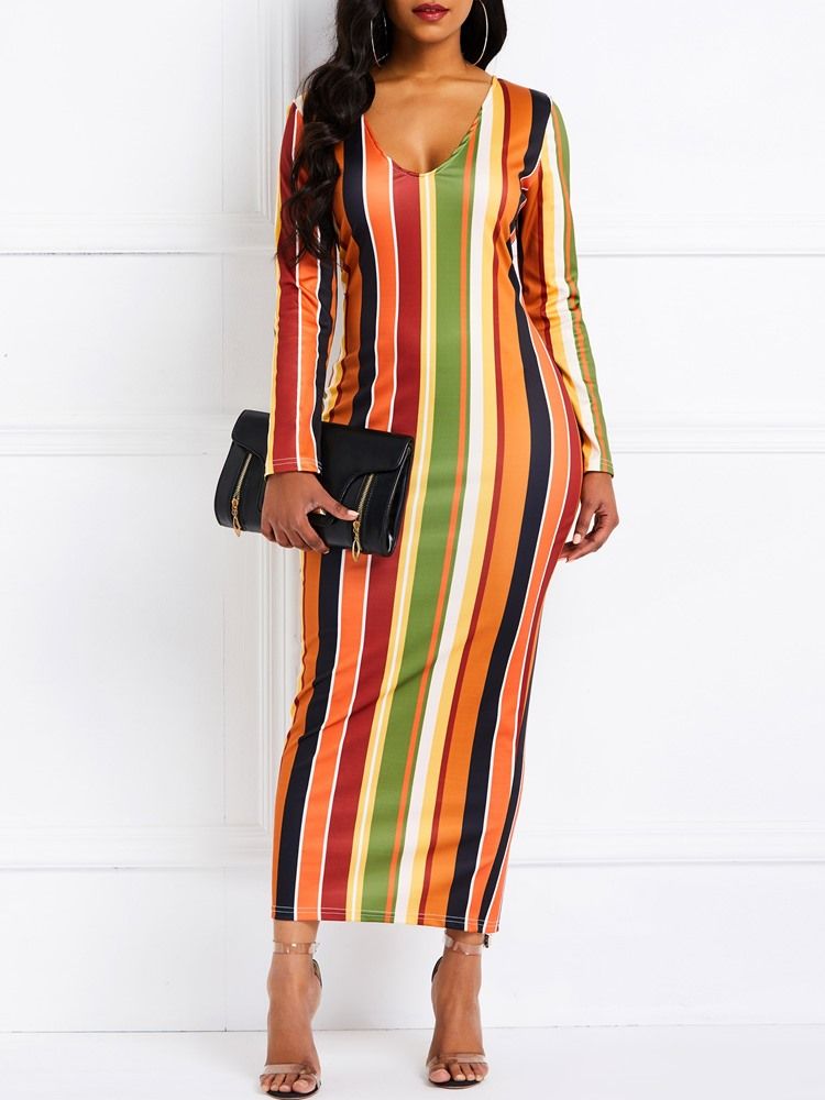 Vestido Feminino Com Gola Em V Manga Comprida Listra Média
