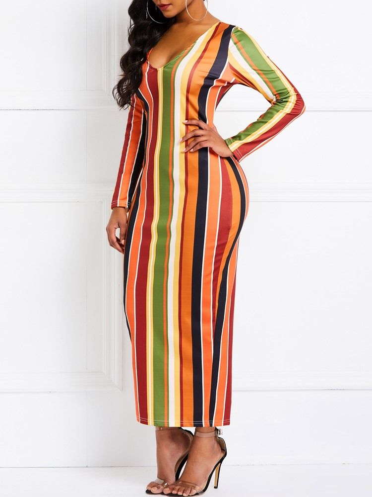 Vestido Feminino Com Gola Em V Manga Comprida Listra Média