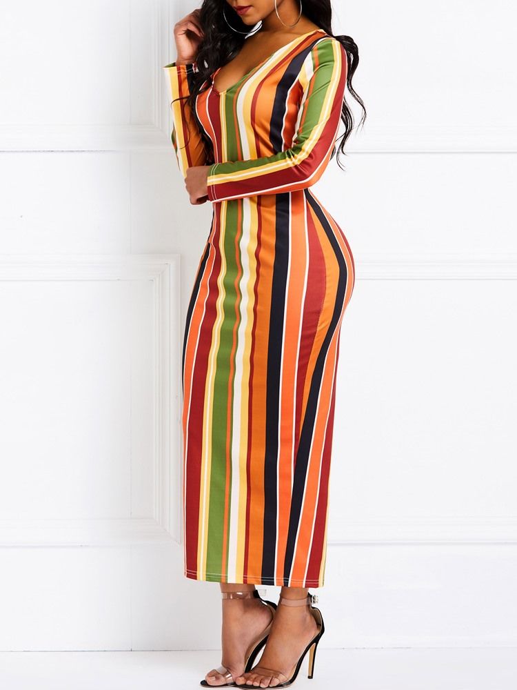 Vestido Feminino Com Gola Em V Manga Comprida Listra Média