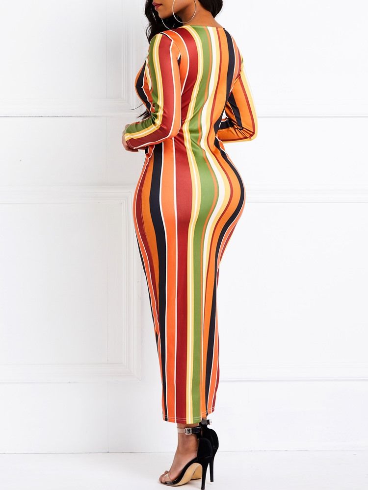Vestido Feminino Com Gola Em V Manga Comprida Listra Média