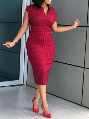 Vestido Feminino Com Gola Em V Manga Curta Canela Média Listra Regular