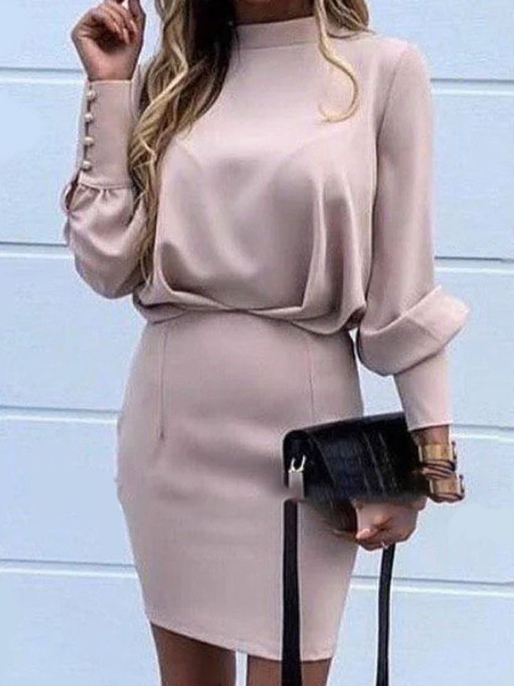 Vestido Feminino Com Manga Comprida Com Gola Longa E Pulôver Liso