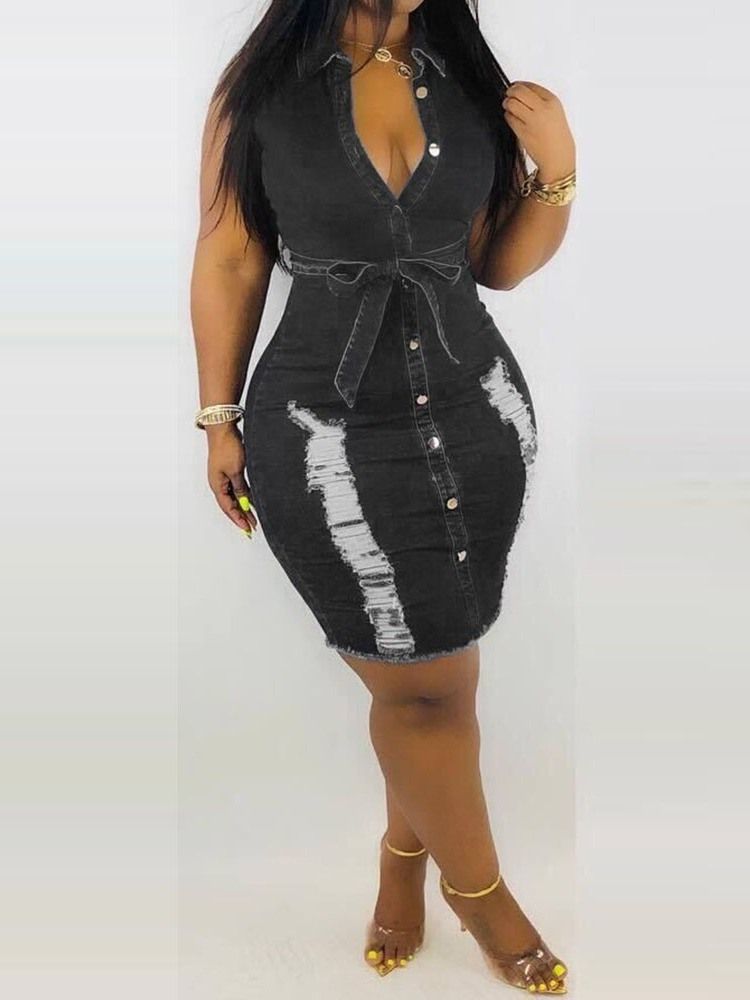 Vestido Feminino Com Orifício Na Lapela Acima Do Joelho