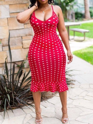 Vestido Feminino Estampado De Bolinhas Sem Mangas Na Panturrilha Média