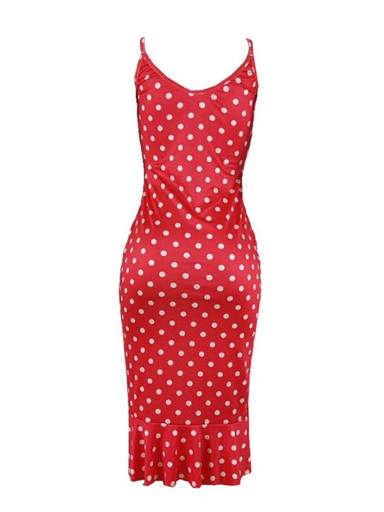 Vestido Feminino Estampado De Bolinhas Sem Mangas Na Panturrilha Média