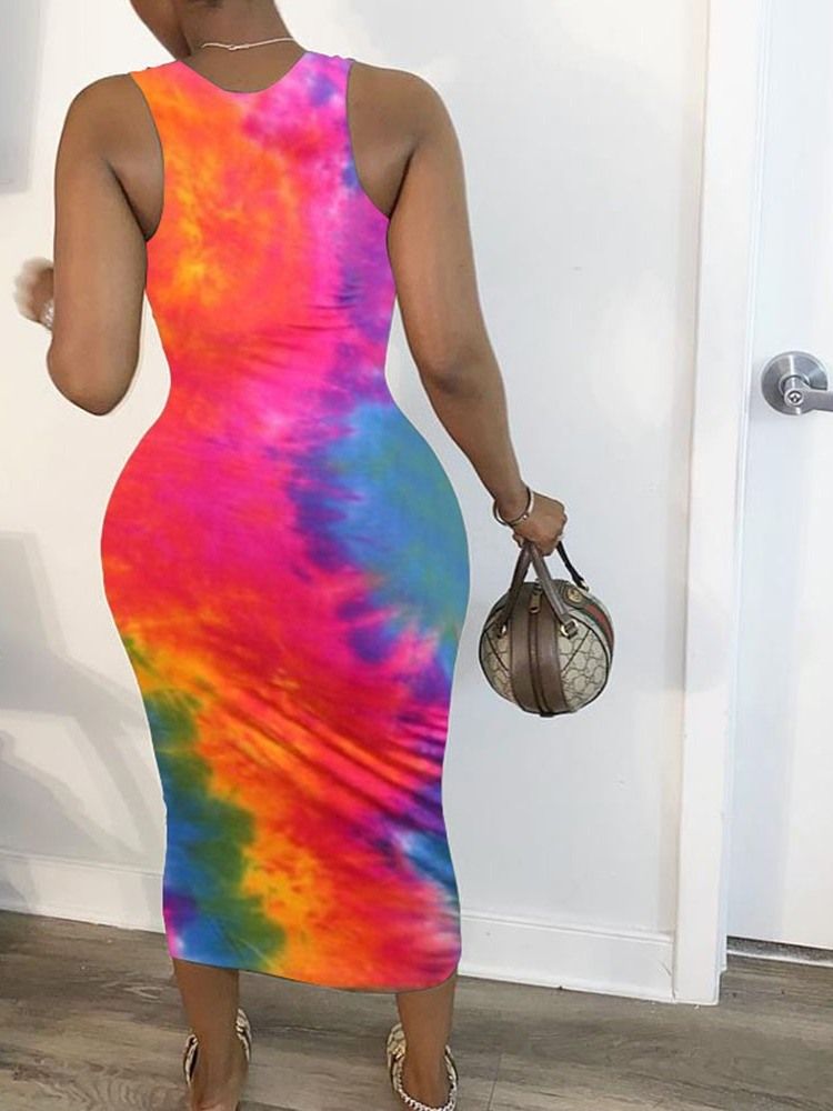 Vestido Feminino Estampado Sem Mangas Meia Canela Gradiente Casual