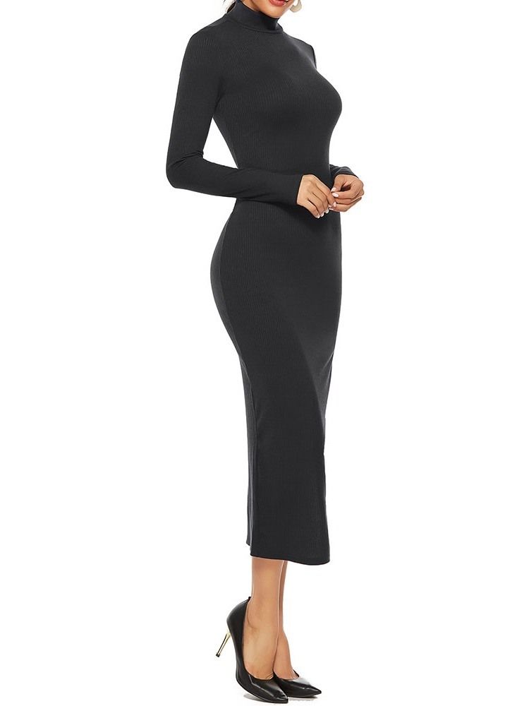 Vestido Feminino De Gola Alta Com Botão Da Panturrilha Média