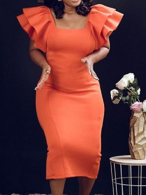 Vestido Feminino De Gola Quadrada De Manga Curta Com Zíper Pregueado