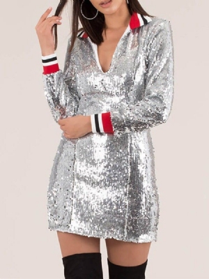 Vestido Feminino De Lantejoulas Acima Do Joelho Manga Comprida Lapela Bodycon