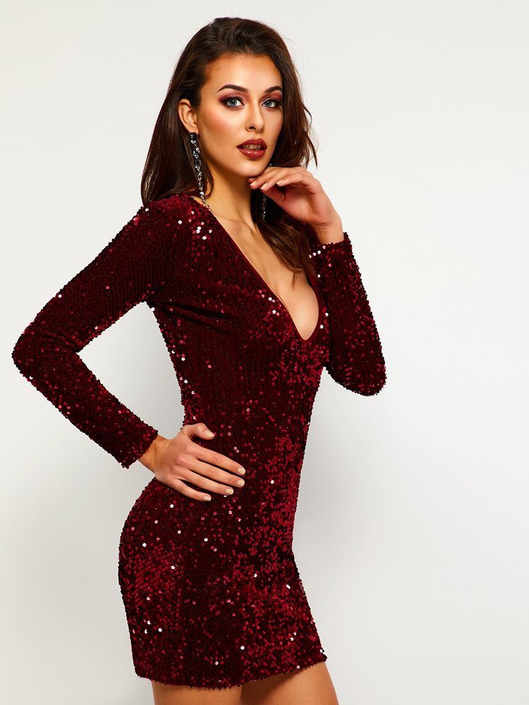Vestido Feminino De Lantejoulas Com Decote Em V Pulôver De Manga Comprida