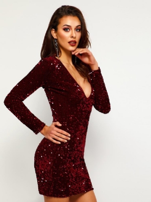 Vestido Feminino De Lantejoulas Com Decote Em V Pulôver De Manga Comprida