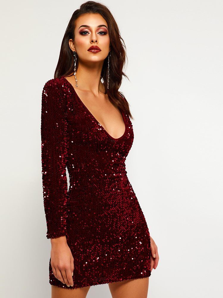 Vestido Feminino De Lantejoulas Com Decote Em V Pulôver De Manga Comprida