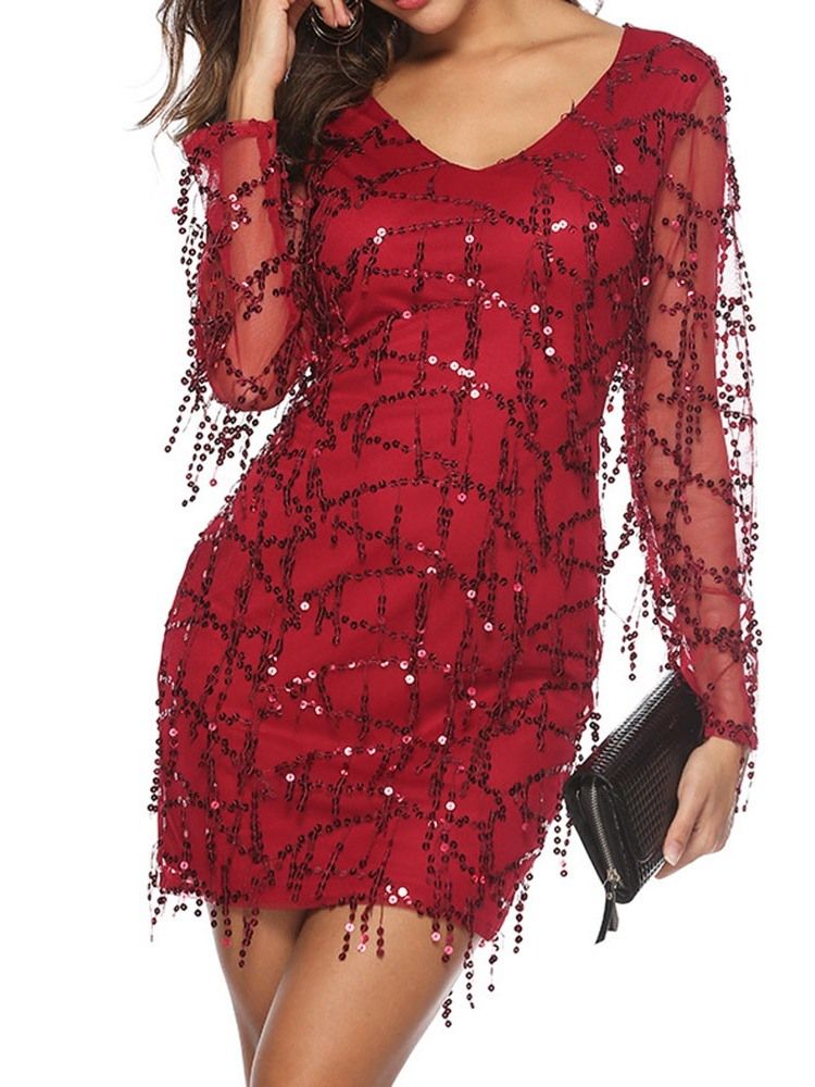 Vestido Feminino De Lantejoulas De Manga Comprida Acima Do Joelho Bodycon Cintura Média