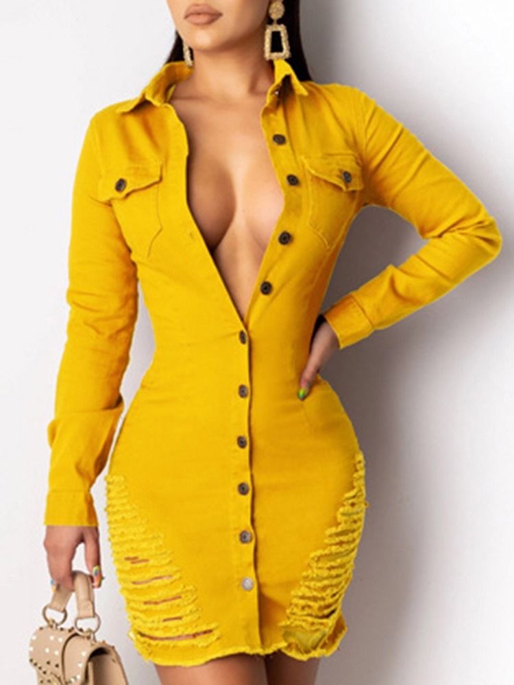 Vestido Feminino De Lapela De Manga Comprida Acima Do Joelho Com Peito Único