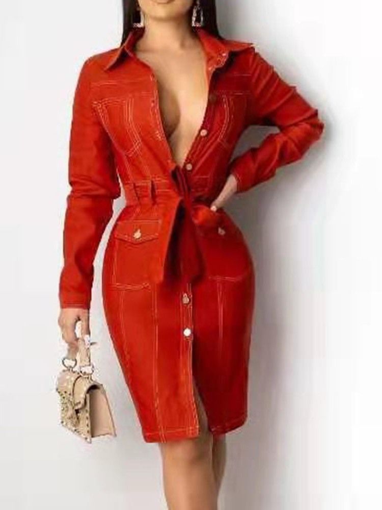 Vestido Feminino De Lapela Manga Comprida Bolso Liso Moda