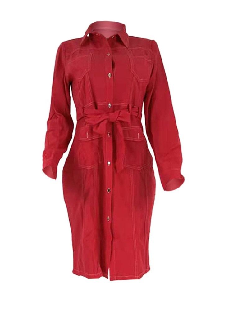 Vestido Feminino De Lapela Manga Comprida Bolso Liso Moda