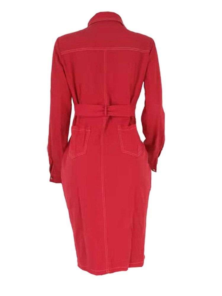 Vestido Feminino De Lapela Manga Comprida Bolso Liso Moda