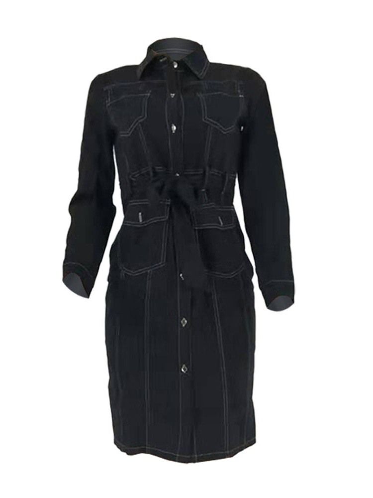 Vestido Feminino De Lapela Manga Comprida Bolso Liso Moda