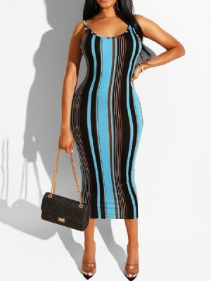 Vestido Feminino Listrado Com Estampa De Meia Canela E Alça Espaguete