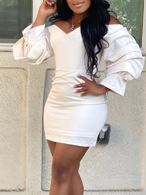 Vestido Feminino De Manga Comprida Acima Do Joelho Com Decote Em V