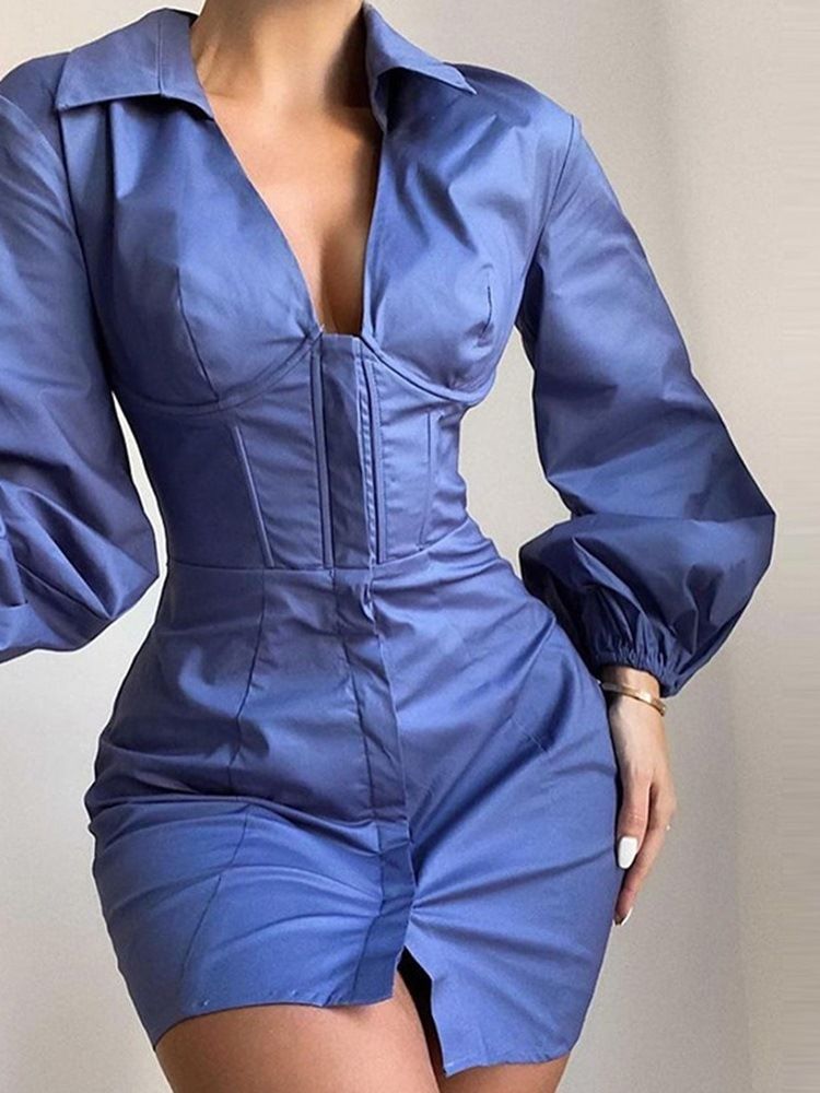 Vestido Feminino De Manga Comprida Acima Do Joelho Lapela Sexy Com Peito Único