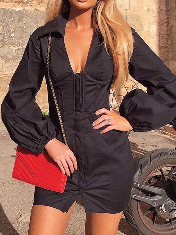 Vestido Feminino De Manga Comprida Acima Do Joelho Lapela Sexy Com Peito Único
