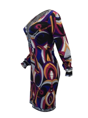Vestido Feminino De Manga Comprida Com Decote Em V Com Estampa Lápis