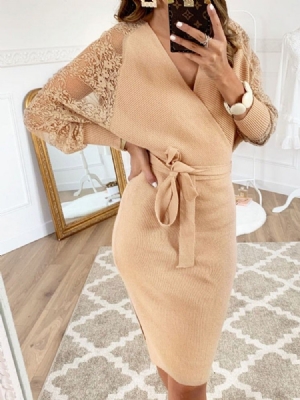 Vestido Feminino De Manga Comprida Com Decote Em V De Renda E Manga De Asa De Morcego
