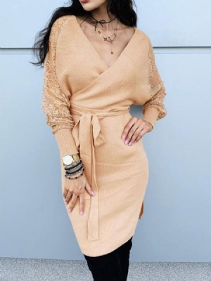 Vestido Feminino De Manga Comprida Com Renda Acima Do Joelho Bodycon
