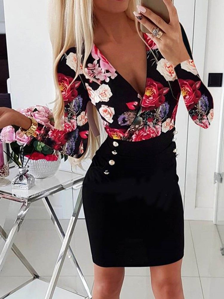 Vestido Feminino De Manga Comprida Estampado Com Decote Em V Pulôver Bodycon
