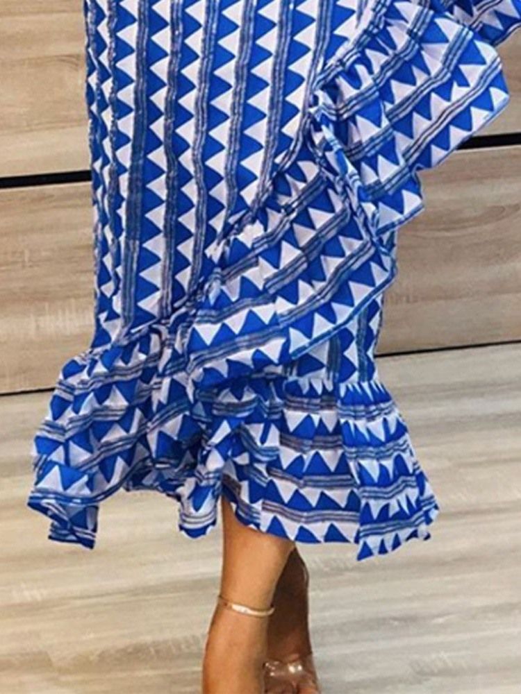 Vestido Feminino De Manga Comprida Falbala De Manga Comprida Geométrico