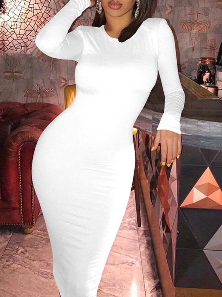 Vestido Feminino De Manga Comprida Panturrilha Redonda Inverno Cintura Média
