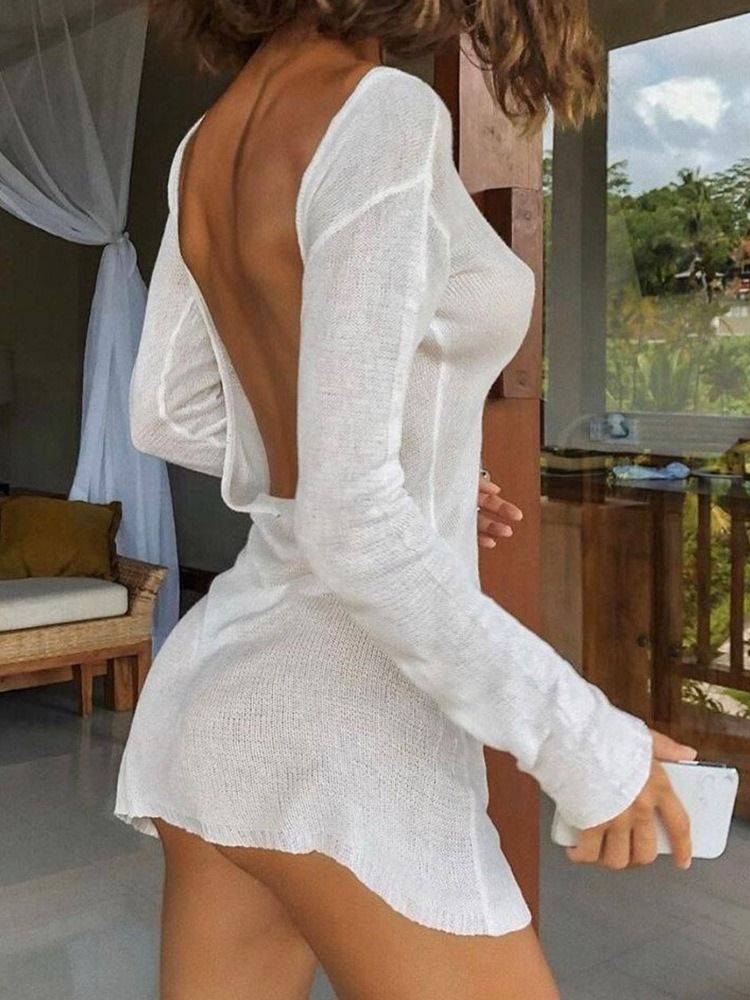 Vestido Feminino De Manga Comprida Sem Encosto Acima Do Joelho Pulôver