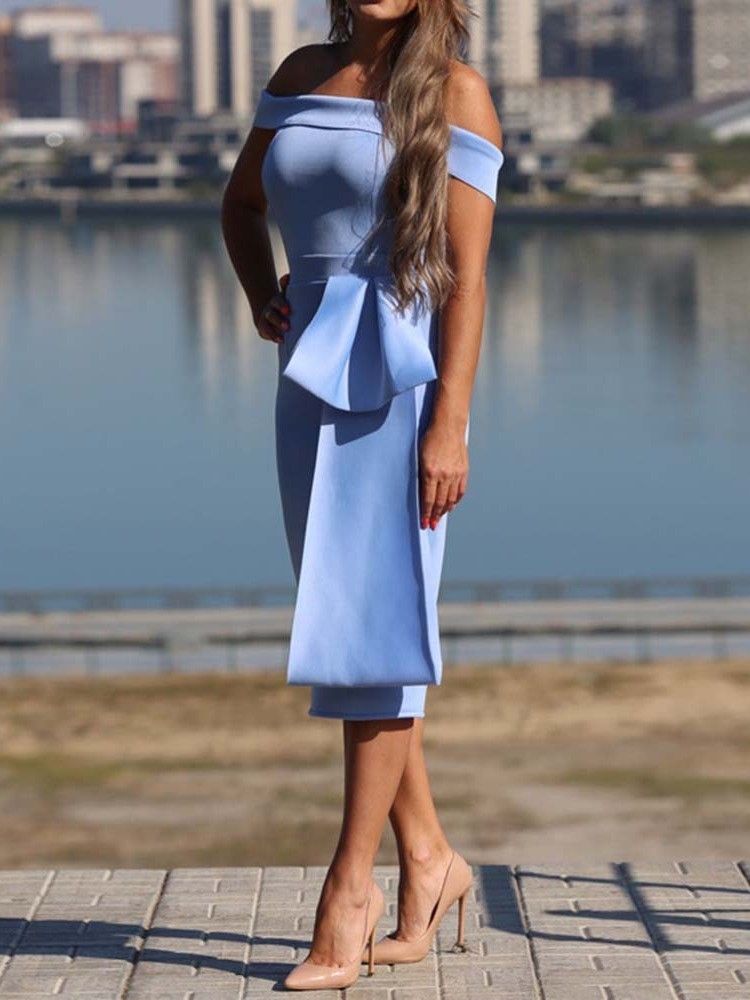 Vestido Feminino De Manga Curta Bowknot Meia Panturrilha Bodycon Cold Shoulder