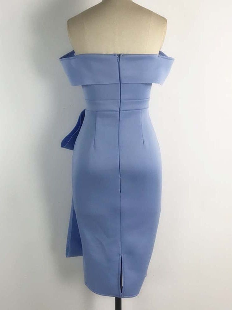 Vestido Feminino De Manga Curta Bowknot Meia Panturrilha Bodycon Cold Shoulder