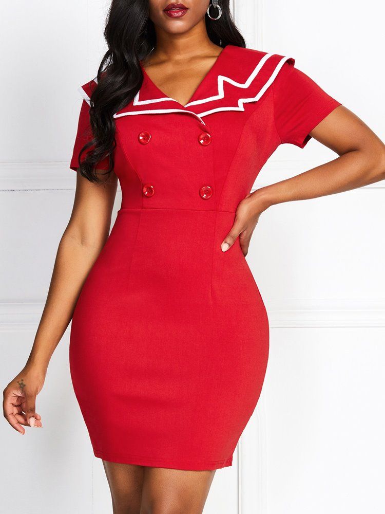 Vestido Feminino De Manga Curta Com Botão Na Altura Do Joelho E Decote Redondo