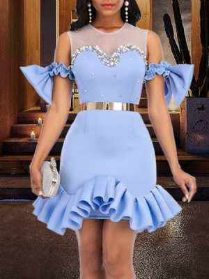 Vestido Feminino De Manga Curta Com Bowknot Acima Do Joelho Cintura Média Sereia