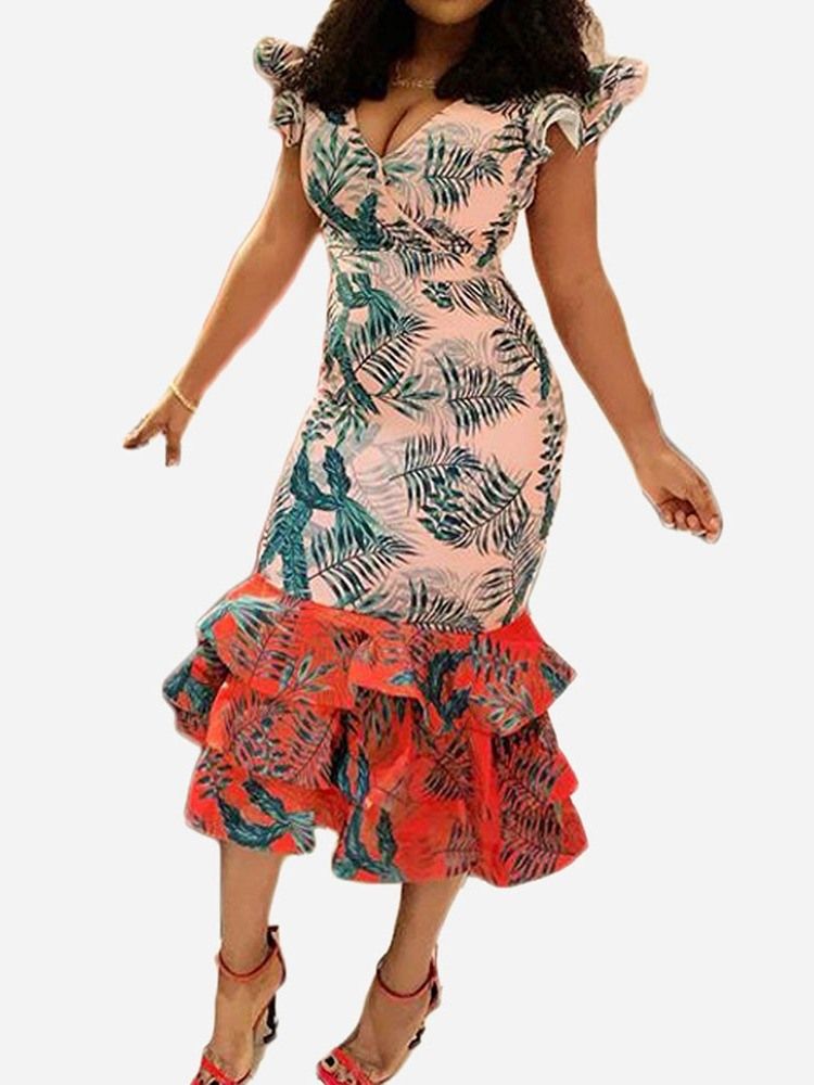 Vestido Feminino De Manga Curta Com Decote Em V Estampado Com Babados