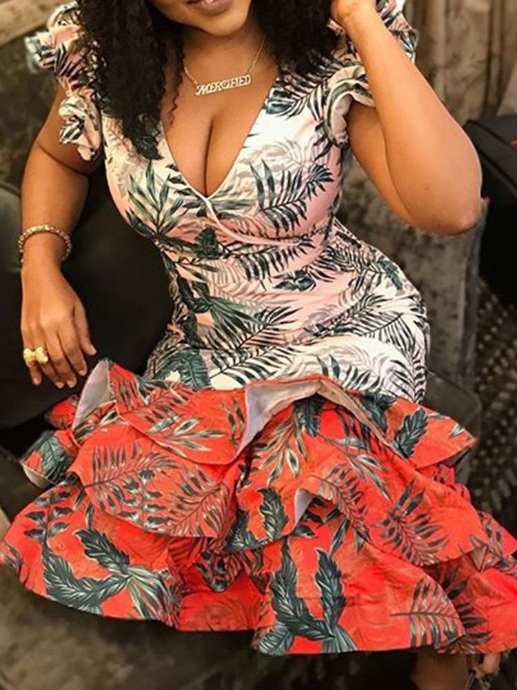 Vestido Feminino De Manga Curta Com Decote Em V Estampado Com Babados