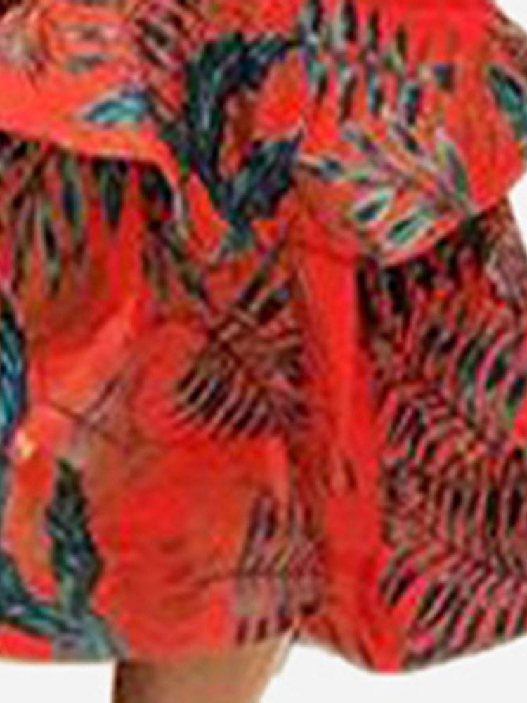 Vestido Feminino De Manga Curta Com Decote Em V Estampado Com Babados