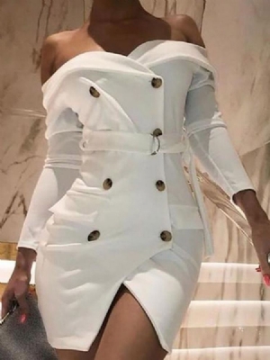 Vestido Feminino De Manga Curta Dividida Acima Do Joelho E Cintura Alta
