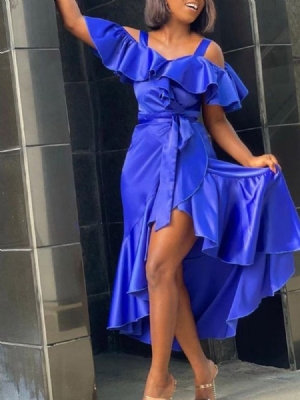 Vestido Feminino De Manga Curta Falbala Meia Panturrilha Assimétrico