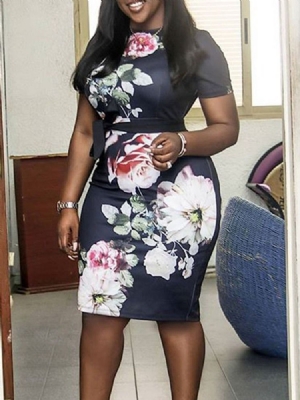 Vestido Feminino De Manga Curta Na Altura Do Joelho Em Volta Do Pescoço Bodycon Pullover