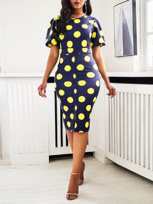 Vestido Feminino De Manga Curta Panturrilha Redonda E Decote Redondo Bodycon Às Bolinhas