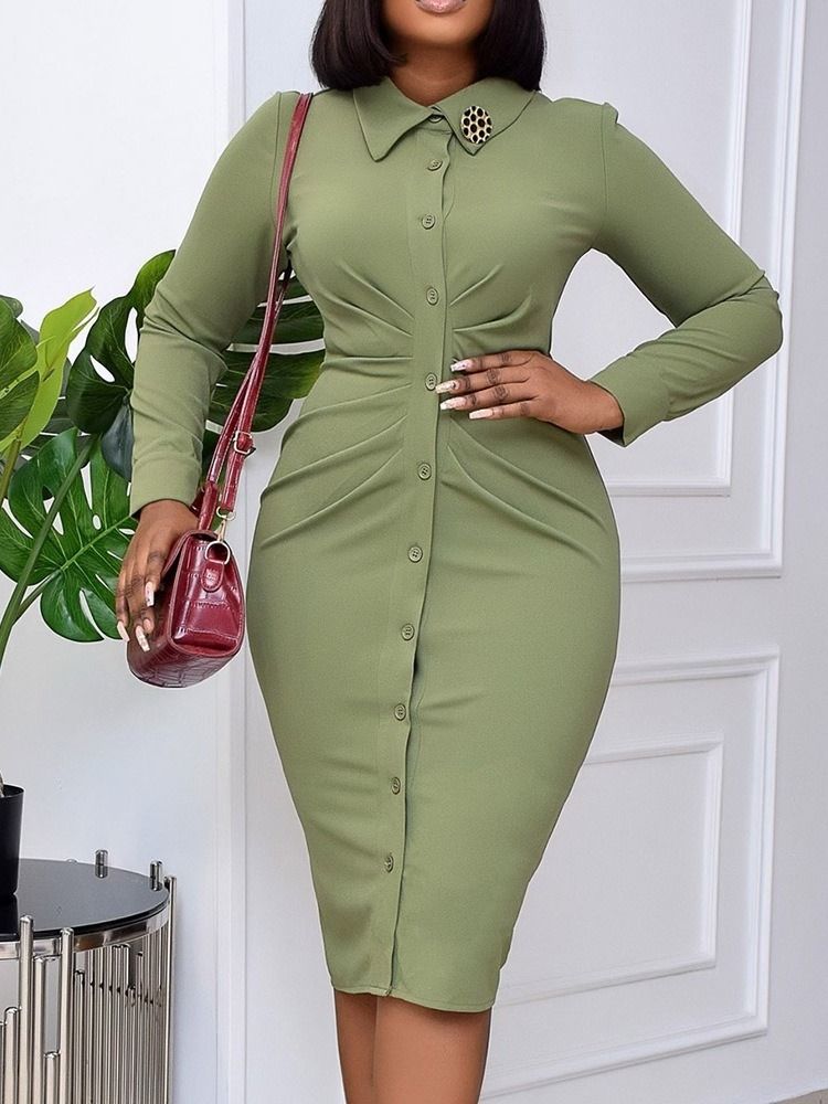 Vestido Feminino De Manga Longa Com Botão De Meia Canela