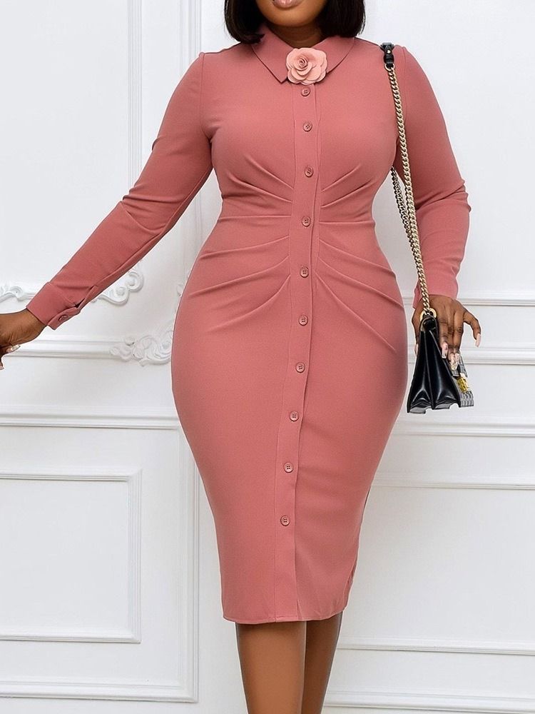 Vestido Feminino De Manga Longa Com Botão De Meia Canela