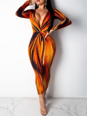 Vestido Feminino De Manga Longa Com Estampa Média Na Panturrilha